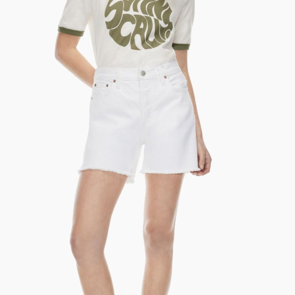 Aritzia Denim Forum The Yoko Mid Thigh White Denim Shorts